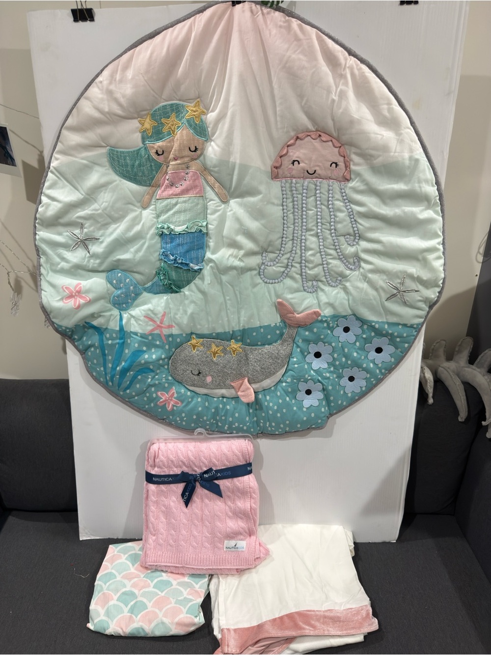 Mermaid & Sea Life Nursery Baby crib bedding w Pink Baby Blanket new see details